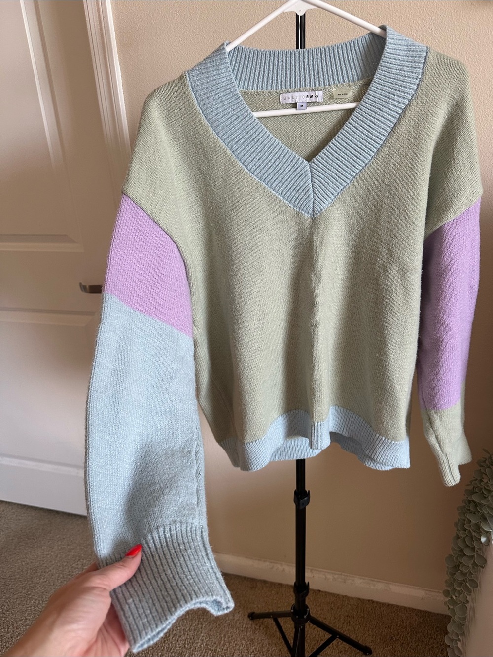 Baltic Born Pastel Colorblock V-Neck Sweater - Sage, Lilac & Sky Blue - Picture 7 of 7